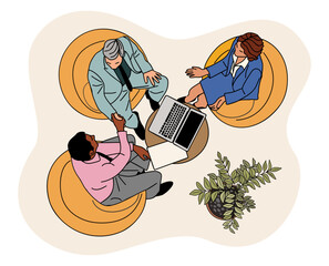 Top view colored sketch of business team members sitting in lounge zone, working on laptops, shaking hands, brainstorming, discussing ideas, and communicating during office meeting