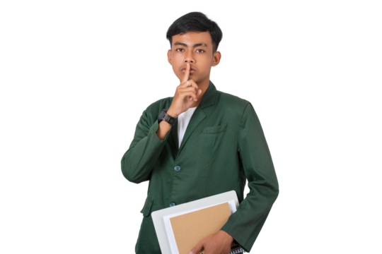 Young college student finger on lips asks to be quiet isolated background