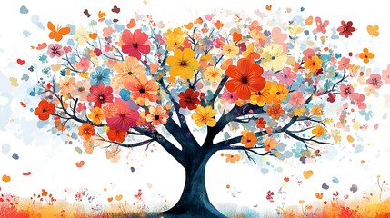 Fototapeta premium Vibrant tree with colorful flowers on a white background