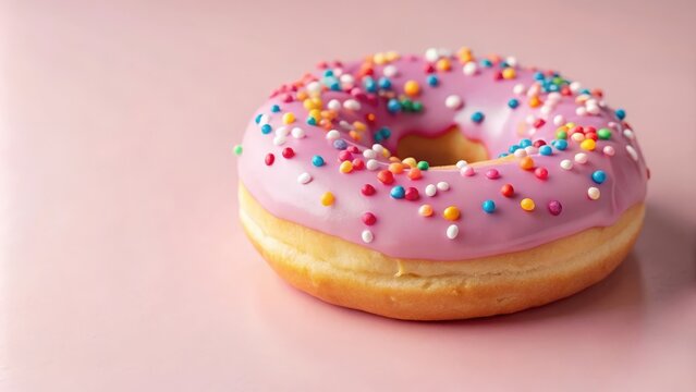 A single pink glazed donut with colorful sprinkles, a sweet treat on a soft pink background