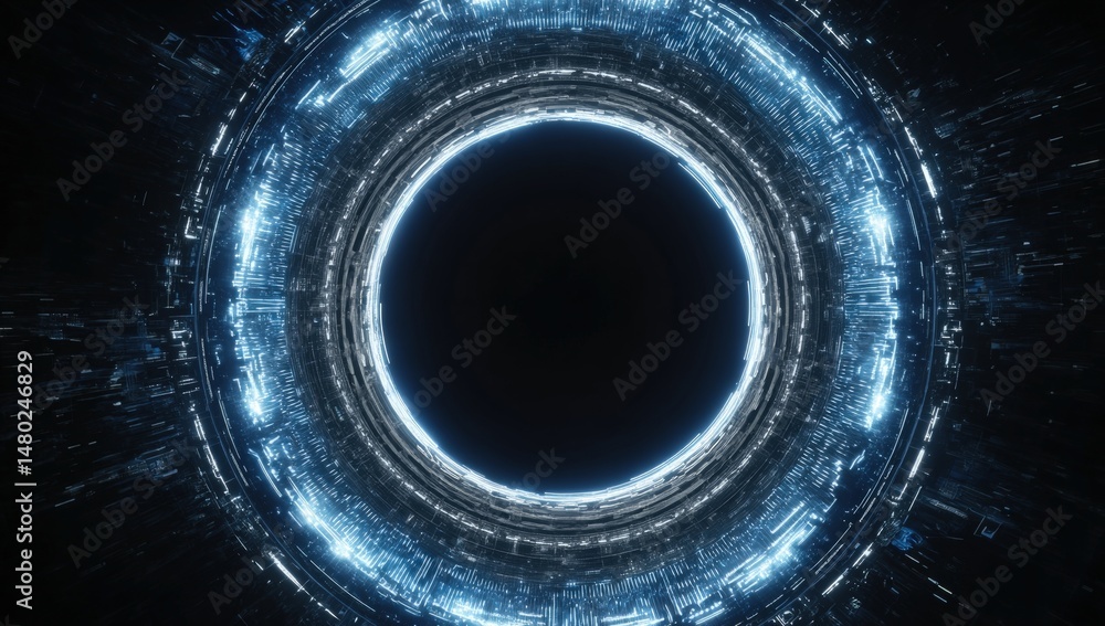 Poster a glowing, futuristic circular structure with radiating blue lights and intricate digital patterns, 