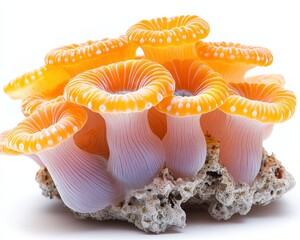 Vibrant orange mushrooms growing on a coral reef, showcasing underwater biodiversity and beauty