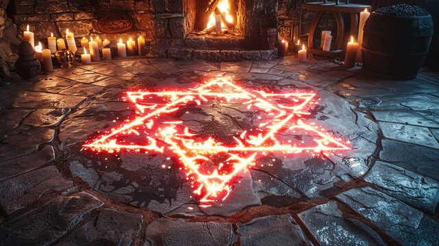 Glowing Hexagram on Stone Floor with Fireplace