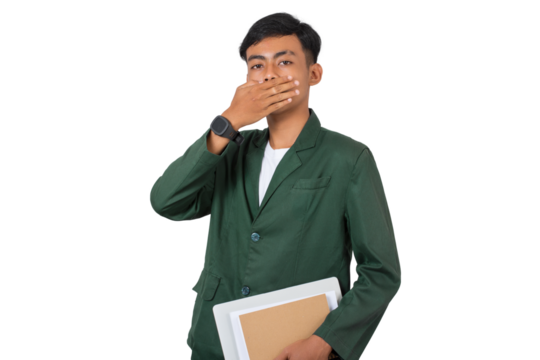 Young college student finger on lips asks to be quiet isolated background