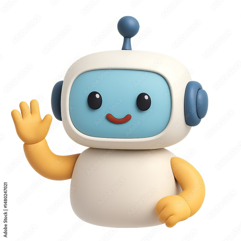Poster playful 3d chatbot character waving with friendly expression