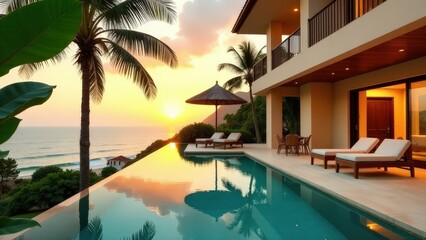 Luxurious tropical beachfront villa at sunset with infinity pool.