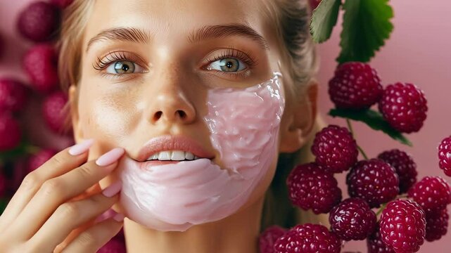 A woman is holding a jar of red face cream and is surrounded by red berries. Concept of freshness and natural beauty, as the woman is embracing the natural elements of the berries and the cream