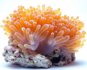Vibrant orange sea anemone with flowing tentacles on a coral rock, showcasing marine life beauty