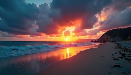 Empty beach at sunset, dark clouds gather, somber mood, colors, still, reflective
