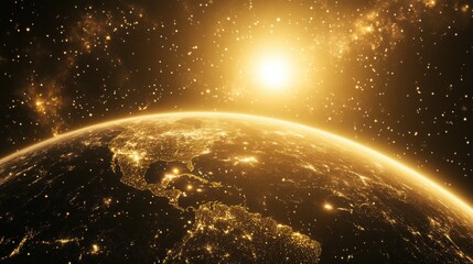 Obraz premium Celestial View of Earth at Night with Glimmers of Golden Light
