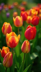Striking multicolored tulips, lush green foliage, close-up, foliage