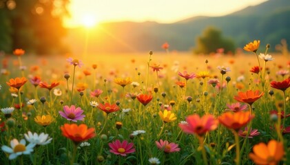 Golden sunlight bathes a field of wildflowers, vibrant colors abound , day, golden