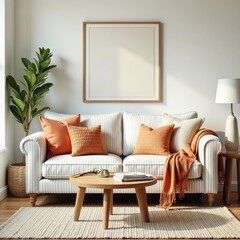 Striped sofa, woven throws, coastal accents, macrame , macrame wall hanging, neutral tones, boho chic