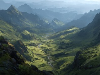 Obraz premium Scenic mountain valley landscape with winding river aerial view green hillsides and distant peaks nature photography
