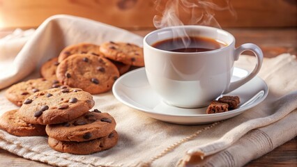 A steaming cup of coffee and a stack of chocolate chip cookies on a beige napkin, inviting a moment of warmth and indulgence.