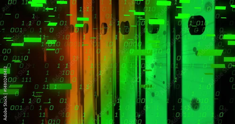 Poster server racks glowing under green and amber lighting while binary code floating across panels