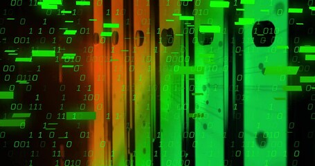 Server racks glowing under green and amber lighting while binary code floating across panels - Powered by Adobe