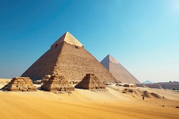 Majestic Egyptian pyramid standing tall against a clear blue sky Ancient wonder, desert landscape, sun, history, architecture, travel, tourism , majestic, holiday, hieroglyphs