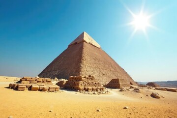 Majestic Egyptian pyramid standing tall against a clear blue sky Ancient wonder, desert landscape, sun, history, architecture, travel, tourism , mystery, adventure