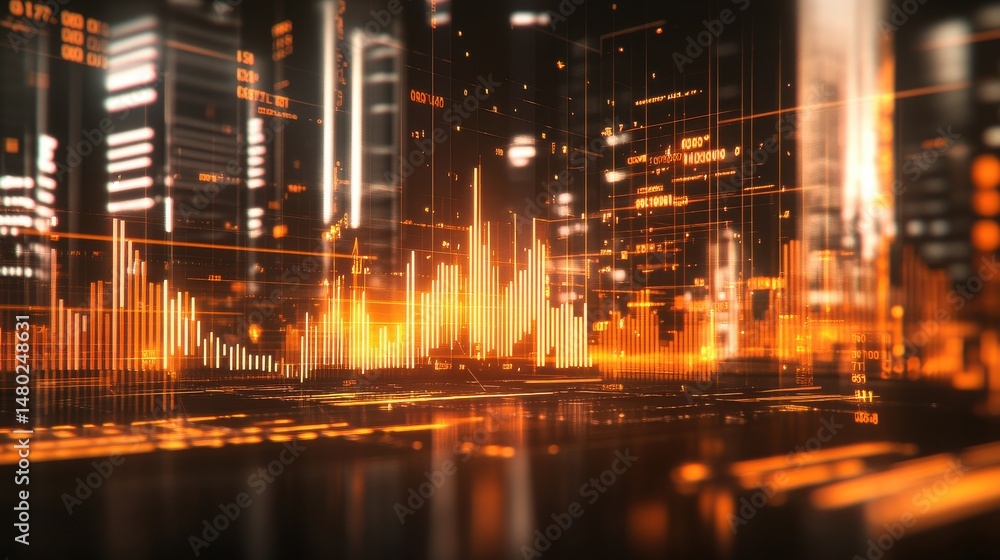 Poster futuristic digital data visualization with abstract orange elements