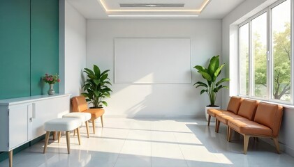 Modern, bright doctor's surgery waiting area with comfortable seating and natural light , modern, interior design