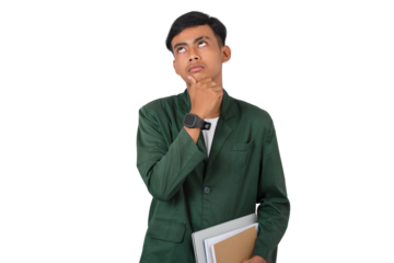 Young college student thinking find solution, imagine something isolated background