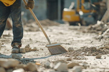 Construction Worker Sweeping Debris at Site