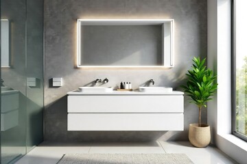 Fototapeta premium Modern white bathroom vanity with sleek countertop, white, single sink