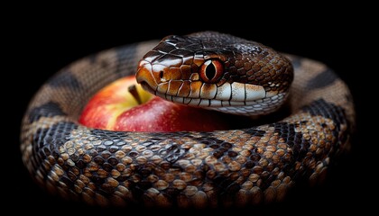 Obraz premium Brown and Black Snake Coiled Around Red Apple on Black Background