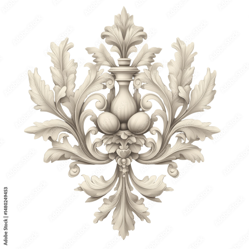Poster ornate cream-colored decorative floral scrollwork design element on transparent background. detailed