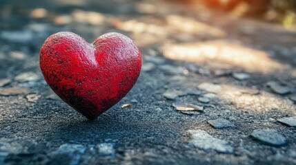 Obraz premium Red heart on dark ground, sunlight.
