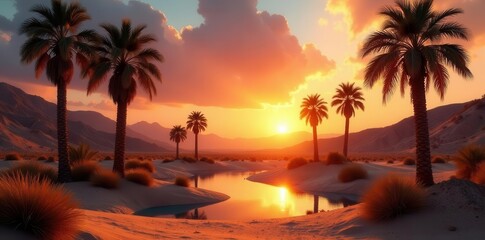 Sunset casts long shadows on palm trees surrounding a desert oasis , image, travel, high-resolution