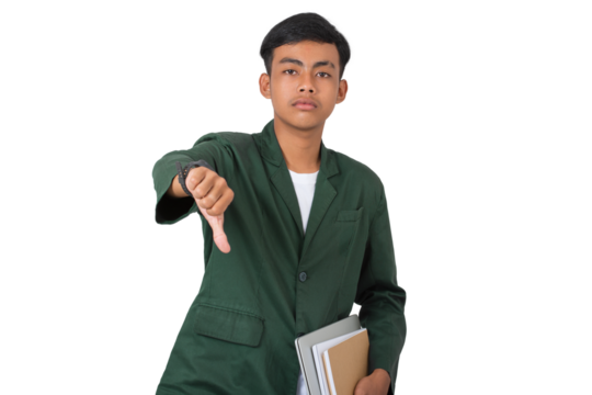 Unhappy Young college student annoyed showing thumbs down isolated background