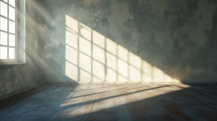 Fototapeta premium Sunlit empty room with textured walls and wooden floor.
