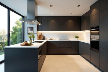 Fototapeta premium Sleek modern kitchen with stainless steel appliances and minimalist design , modern kitchen, wood, luxury