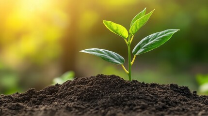 Fototapeta premium Fresh Green Plant Growing in Soil Under Warm Sunlight