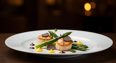 Gourmet Seared Scallops Dish with Asparagus and Truffle Garnish Fine Dining Restaurant Food