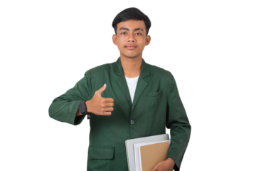 Happy young college student smiling showing thumbs up, like gesture isolated background