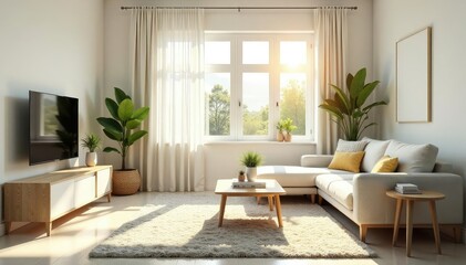 Sunlight streams into a bright, clean living room, showcasing freshly organized furniture and sparkling surfaces , fresh start, furniture, home cleaning