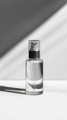 Clear glass bottle with silver cap, casting a shadow on white surface