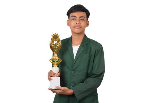 Happy and proud young college student standing holding golden trophy celebration success isolated background