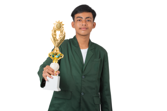 Happy and proud young college student standing holding golden trophy celebration success isolated background