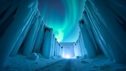 Majestic aurora borealis displays above a pathway through imposing icy structures in a frozen mountain range