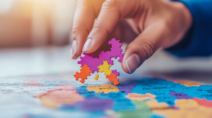 Fototapeta premium Global Strategy: Hand Placing Colorful Puzzle Piece on a World Map, Connecting the Dots for International Business Expansion