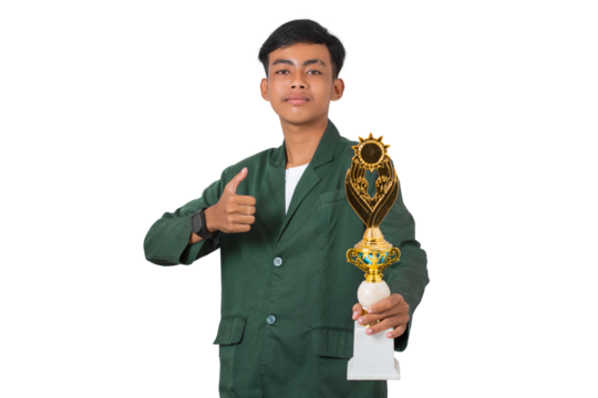 Happy and proud young college student standing holding golden trophy celebration success isolated background