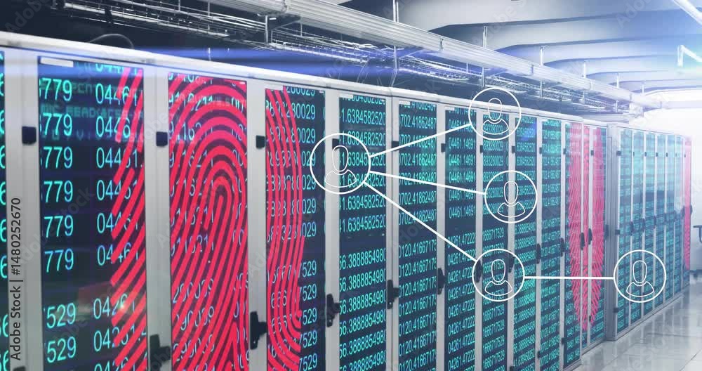 Poster server racks displaying neon fingerprint holograms and scrolling codes with network icons linking