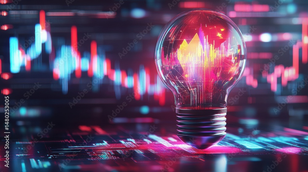 Poster Light Bulb with Graph Data Visualization on Digital Background