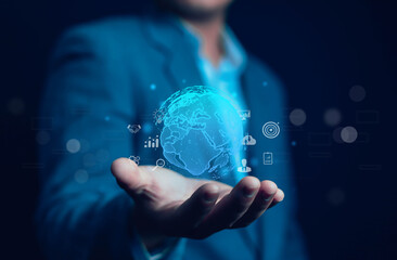 Hands showing the world of digital marketing, business concept, technology, international market, global internet connection, big data, business technology, finance, internet global, internet,	
