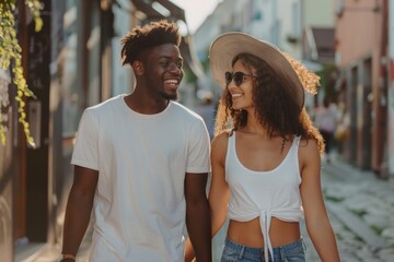 Obraz premium Portrait of a joyful multiethnic couple in their 20s holding hands while walking