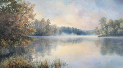 Misty morning lake scene with autumnal trees.